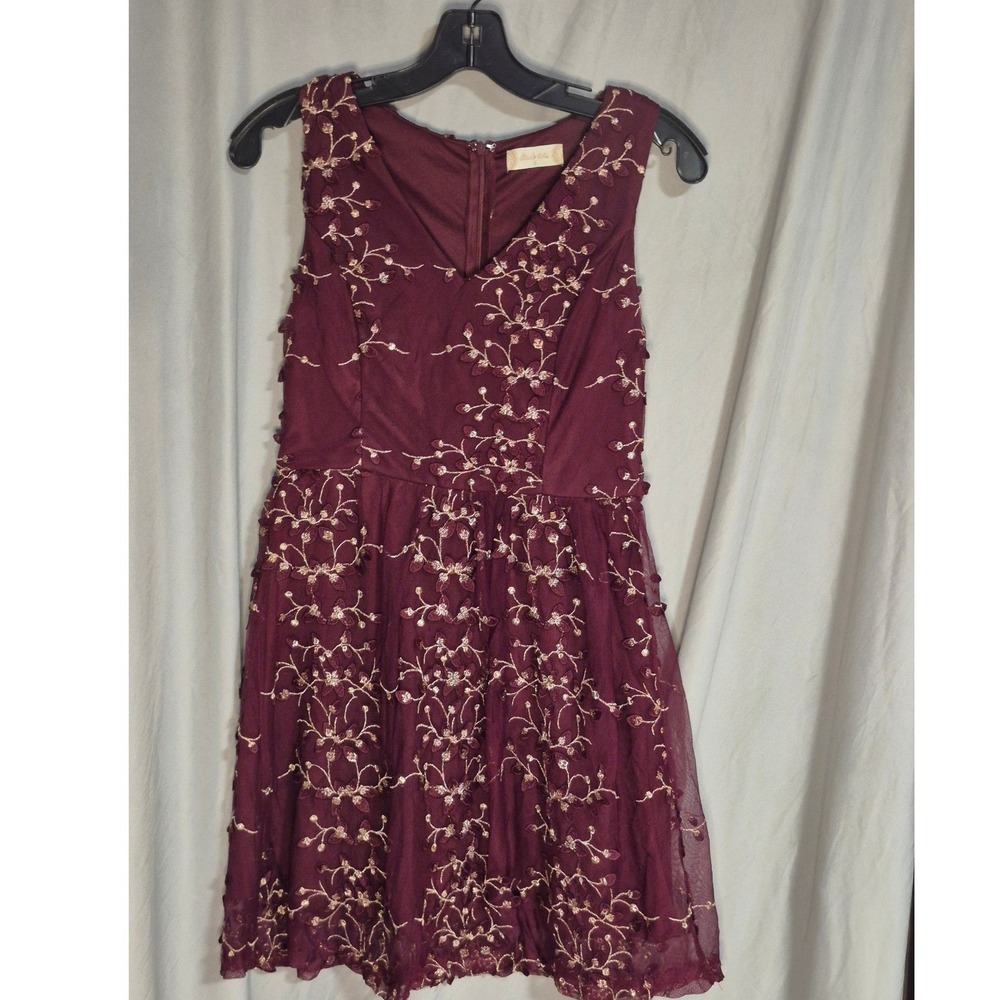 Altar'd State Burgundy Mesh Gold Floral Embroidered Sleeveless Dress Small